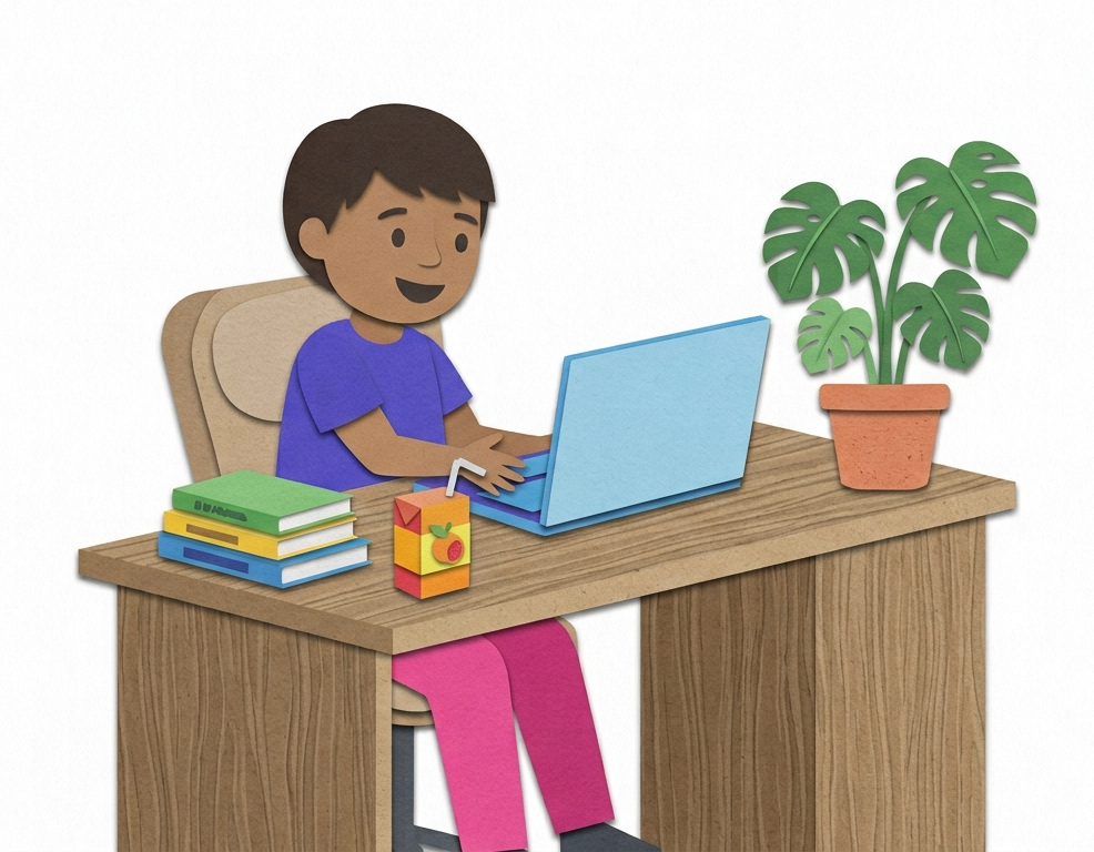 child at desk with laptop
