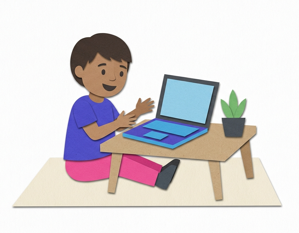 child celebrating at laptop