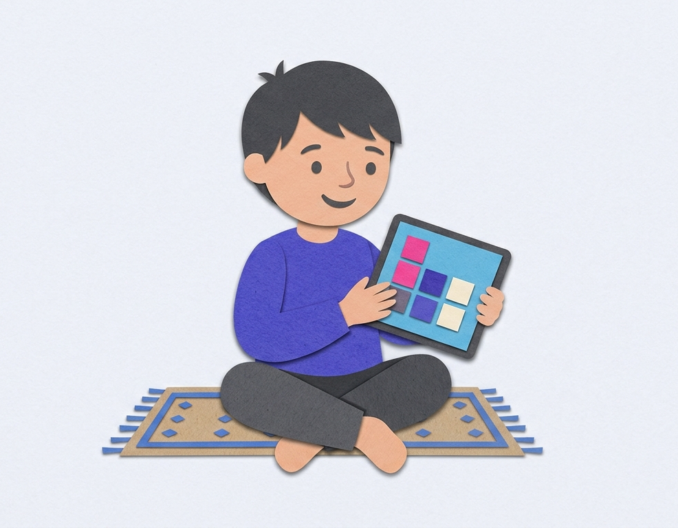 child with tablet on rug