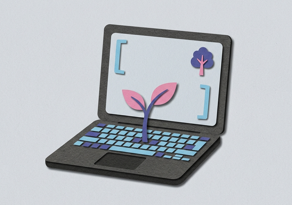 laptop with sprout and code brackets