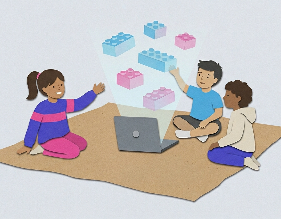 three kids laptop projecting blocks