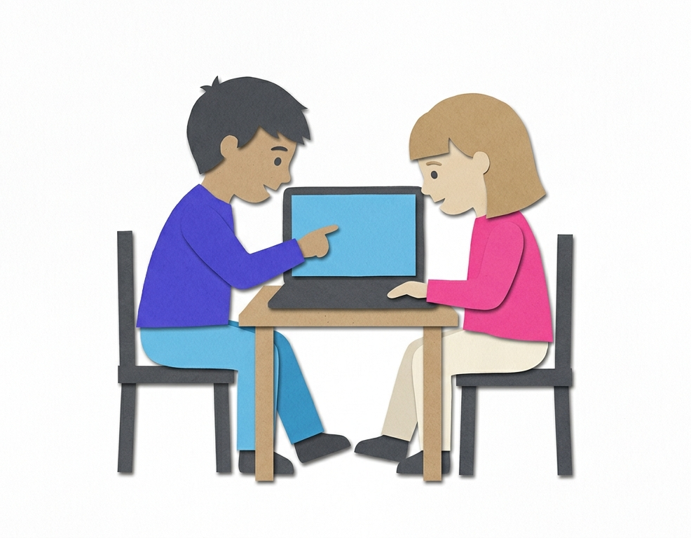 two kids across table with laptop