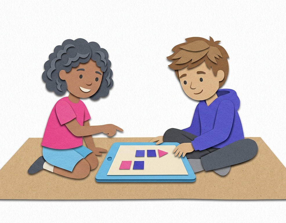 two kids with tablet on floor